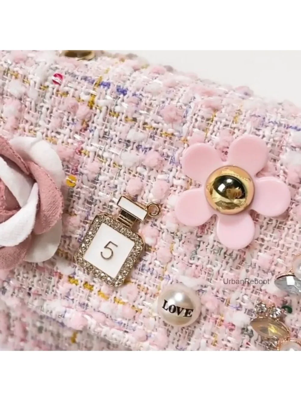 Girls Floral Crossbody Bag Faux Leather Mini Chain Pearl Handle Purse